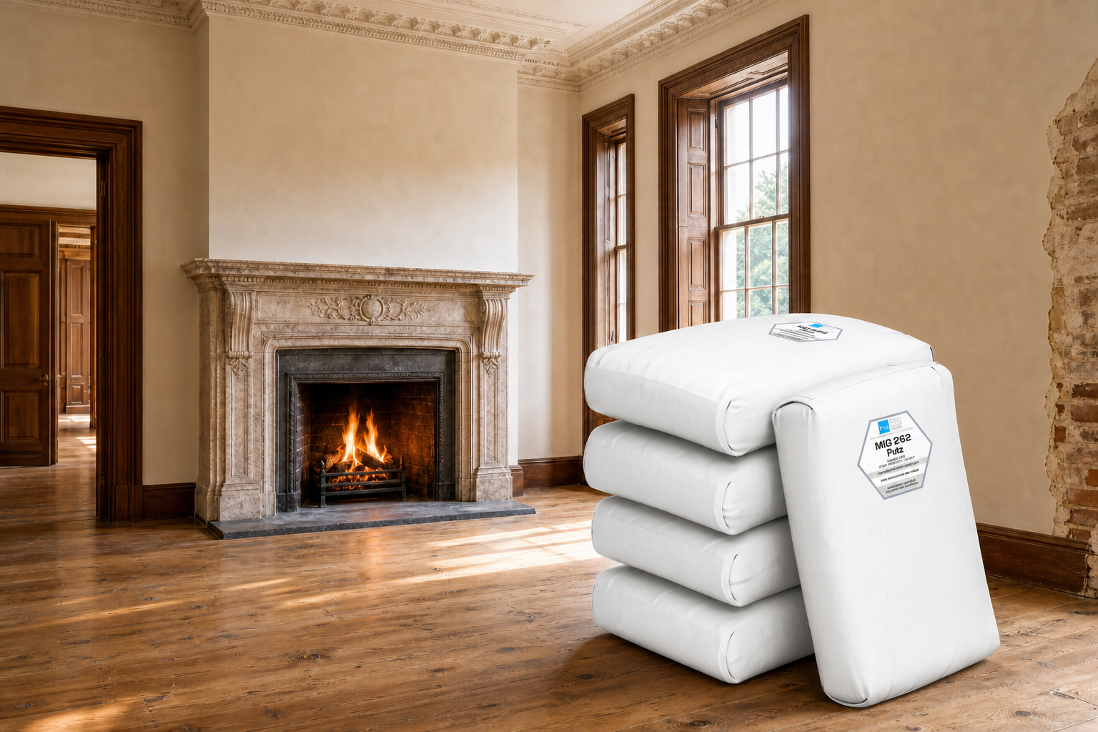 MIG 262 plaster bags inside a heritage room with a fireplace